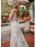 Spaghetti Straps Ivory Floral Lace Tulle Slit Charming Wedding Dress